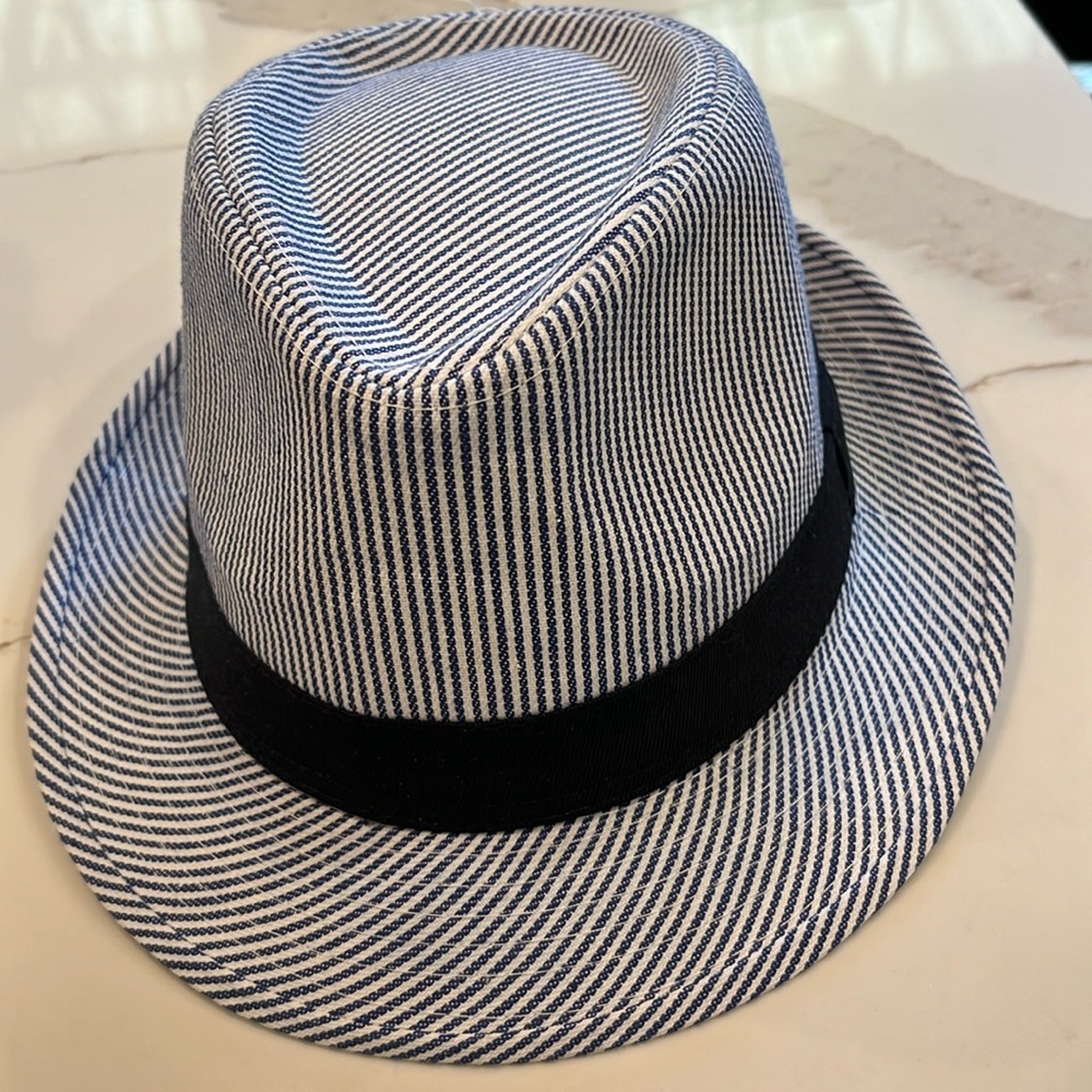 Westend Men’s Pin Stripe Hat/Fedora. Navy blue & White with Navy Accent Band. Lg